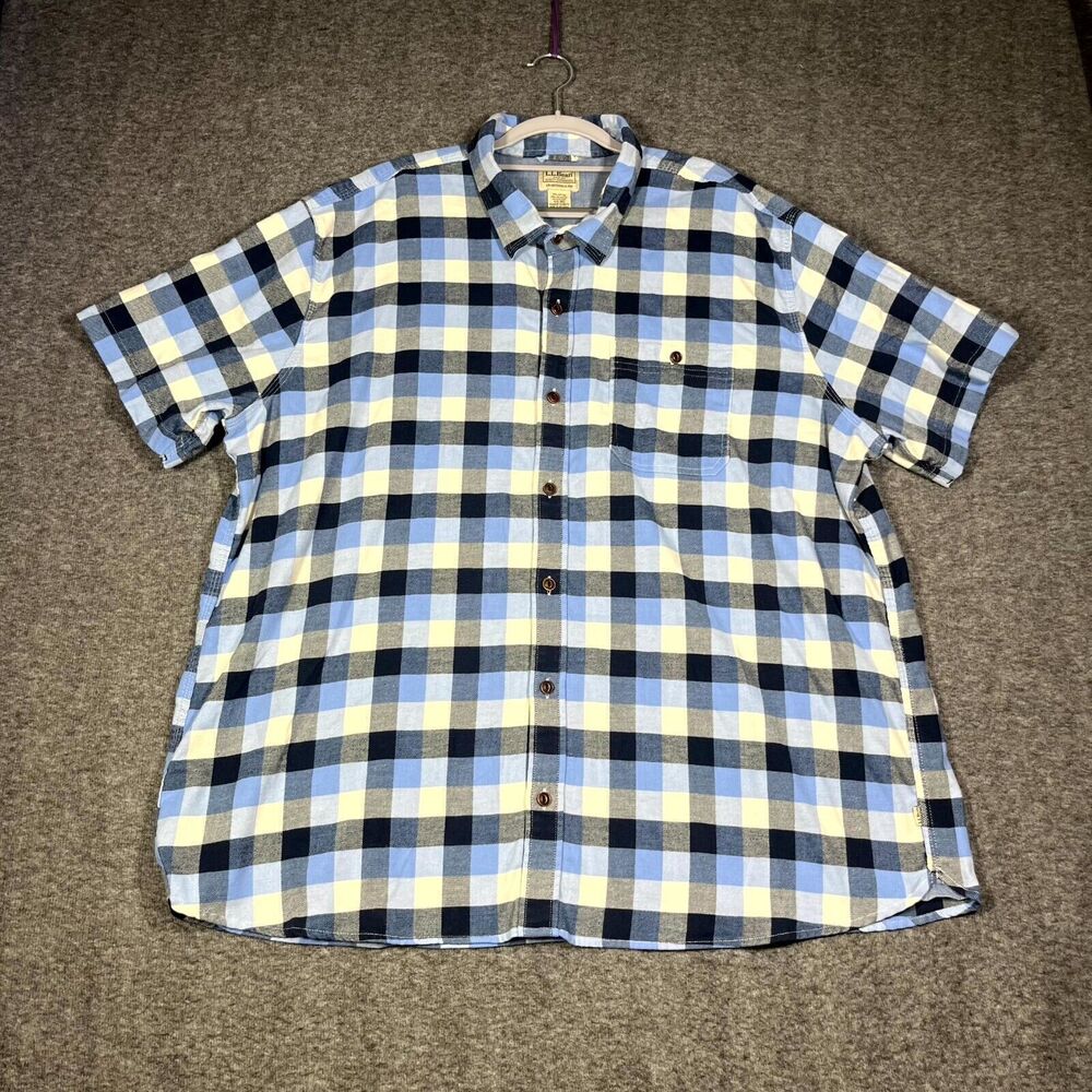 L.L. Bean Buffalo Plaid Short Sleeve Shirt Mens Size XXL 513077 Button Up Blue